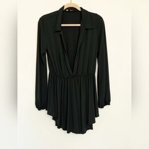 Elegant Black Long Sleeve Deep Neckline Mini Dress Romper Sz XL Impulsive Drape